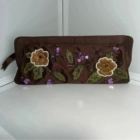 Source Unknown Handbags - Brown Satin Clutch Purse Appliqued Floral Beaded Evening Zippered Bag